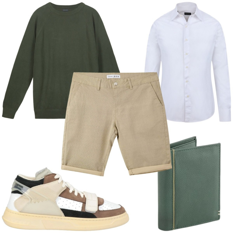 Outfit uomo - Total look #2105944. Stile Trendy per Tutti i giorni. Abbinamento con sneakers alte, pantaloni corti, camicie, portafogli, maglieria.