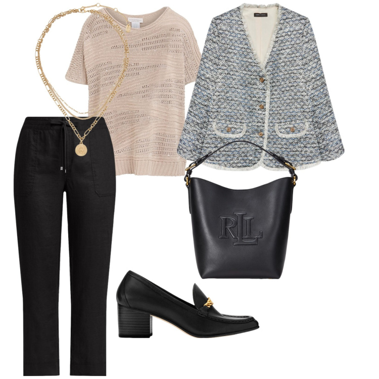Outfit donna - Buongiorno signora. per Ufficio. Abbinamento con pullovers, ciondoli, pantaloni, décolleté, borse a secchiello, blazer.