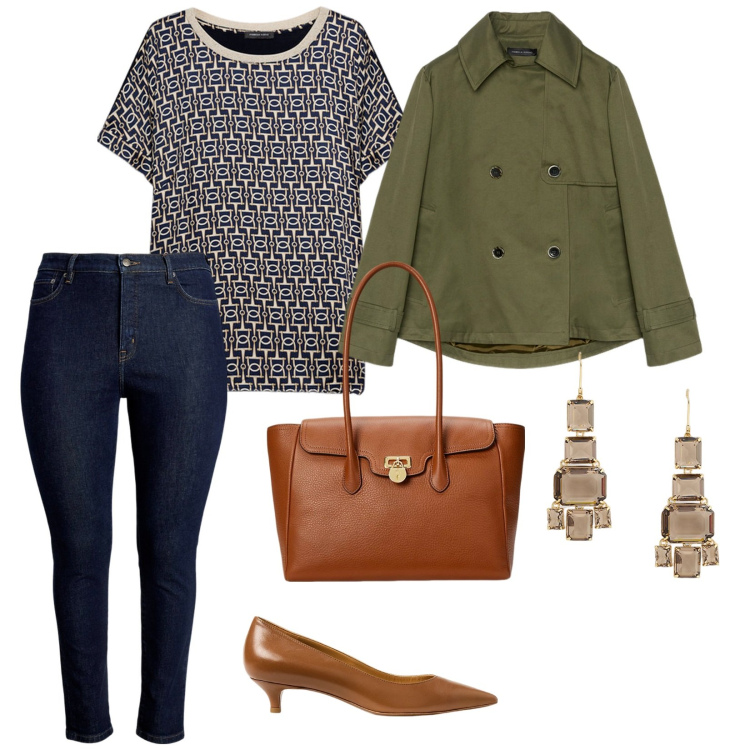 Outfit donna - Un tacco comodo. per Tutti i giorni. Abbinamento con jeans skinny, borse a mano, décolleté, orecchini, t-shirt, trench.
