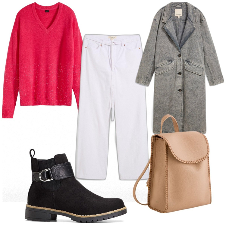 Outfit donna - Total look #2105950. Stile Trendy per Tutti i giorni. Abbinamento con maglieria, stivaletti, trench, jeans, zaini.