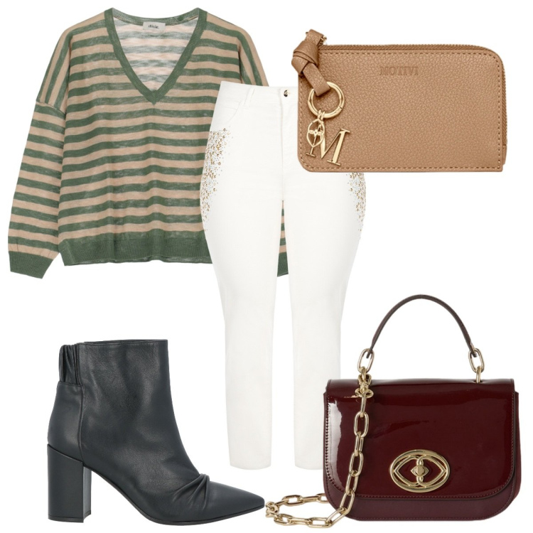 Outfit donna - Total look #2105953. Stile Trendy per Tutti i giorni. Abbinamento con stivaletti, maglieria, jeans dritti, portafogli, borse a tracolla.