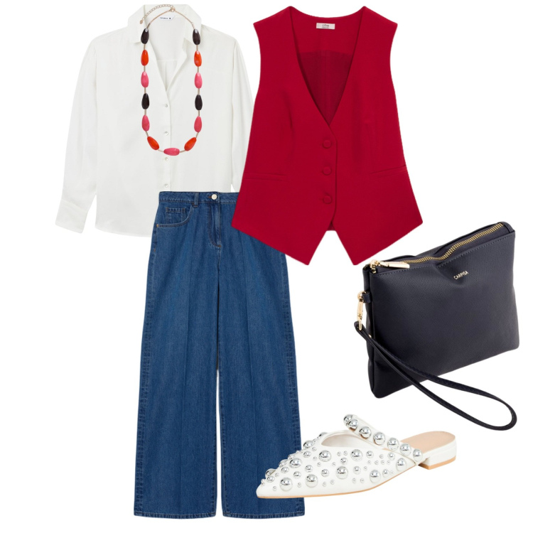 Outfit donna - Uscita veloce. per Tutti i giorni. Abbinamento con ballerine, camicie, jeans, gilet, collane, pochette.
