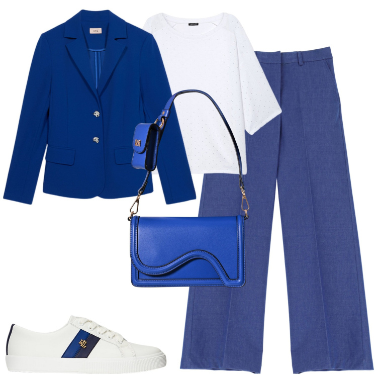 Outfit donna - Toni di blu. Stile Casual chic per Tutti i giorni. Abbinamento con pochette, pantaloni a palazzo, sneakers, blazer, felpe.