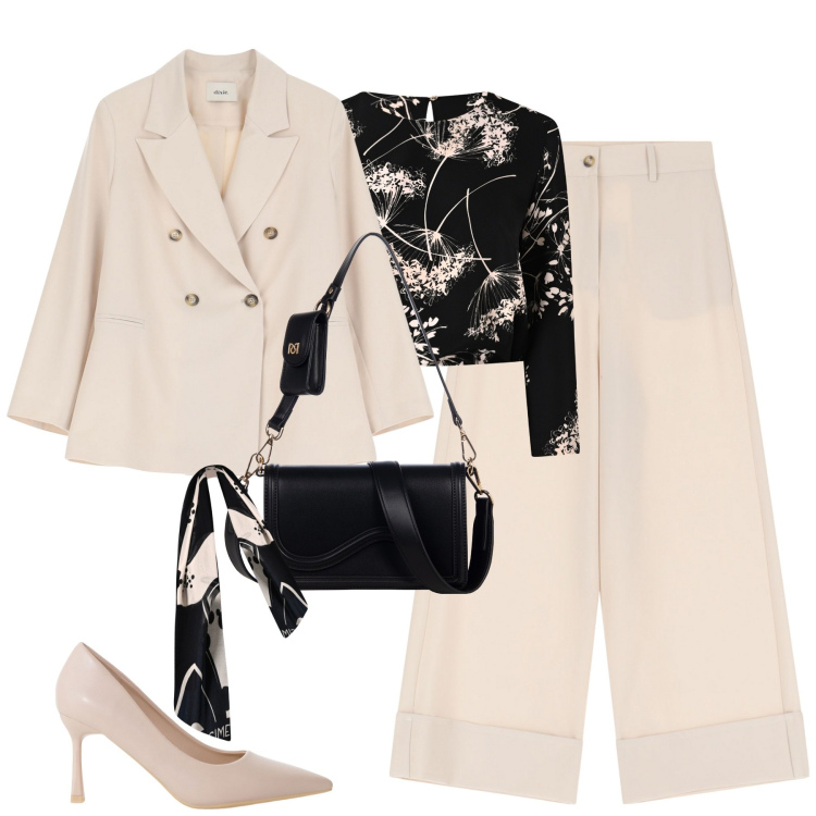 Outfit donna - City. Stile Urban per Tutti i giorni. Abbinamento con décolleté, pantaloni a palazzo, blazer, bluse, pochette, sciarpe.