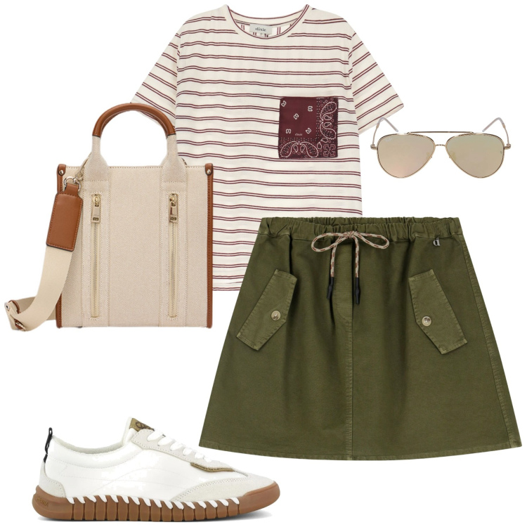 Outfit donna - City. Stile Casual per Tutti i giorni. Abbinamento con minigonne, t-shirt, sneakers, occhiali da sole, borse tote.