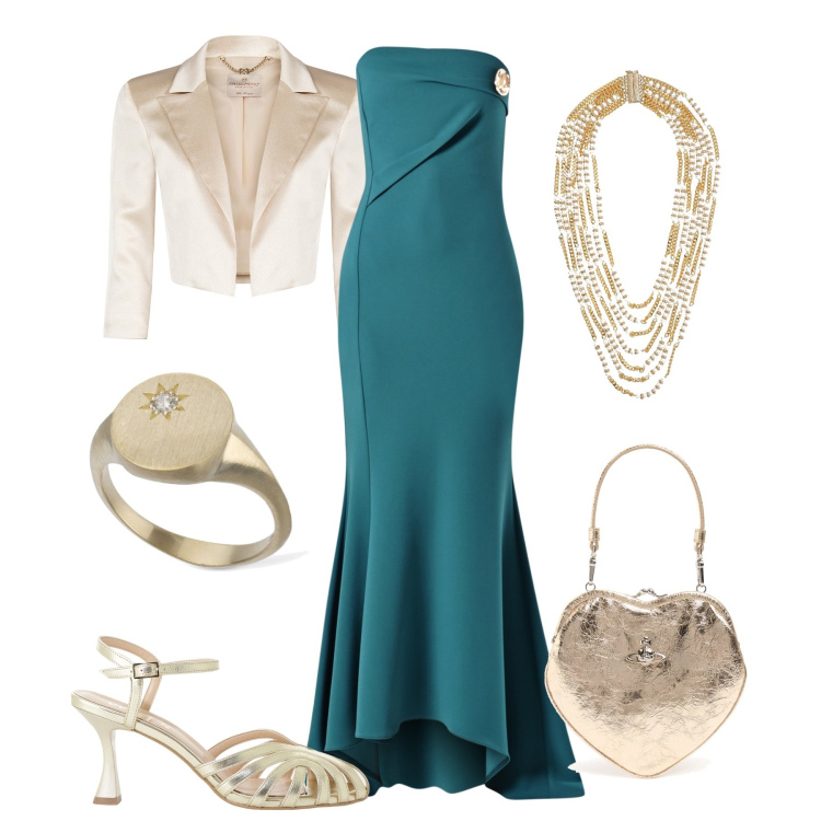 Outfit donna - Raffinata per la cerimonia. Stile Chic per Cerimonia. Abbinamento con bolero, vestiti lunghi, sandali col tacco, pochette, collane, anelli.