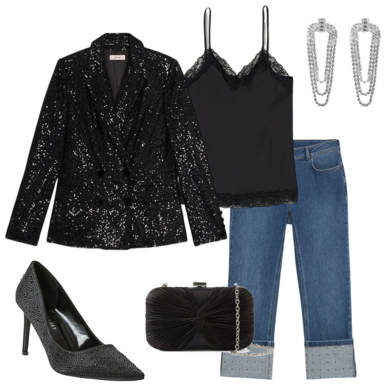 Outfit donna - Serata fuori. Stile Casual chic per Serata fuori. Abbinamento con pochette, orecchini, décolleté, blazer, jeans, top.
