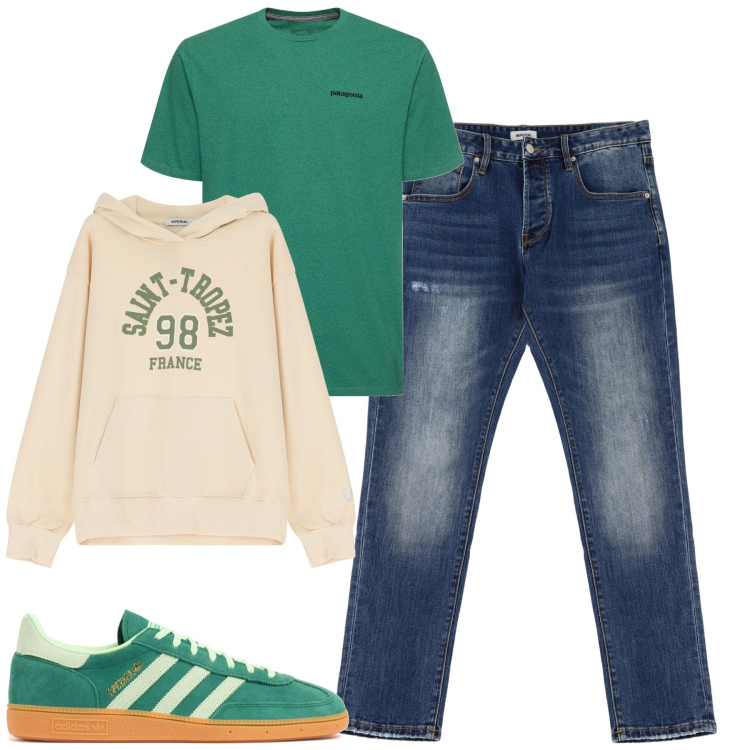 Outfit uomo - City. Stile Casual per Tutti i giorni. Abbinamento con felpe con cappuccio, jeans dritti, sneakers, t-shirt.