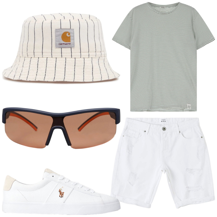 Outfit uomo - Il primo sole. Stile Casual per Tutti i giorni. Abbinamento con occhiali da sole, bermuda, t-shirt, sneakers, cappelli.