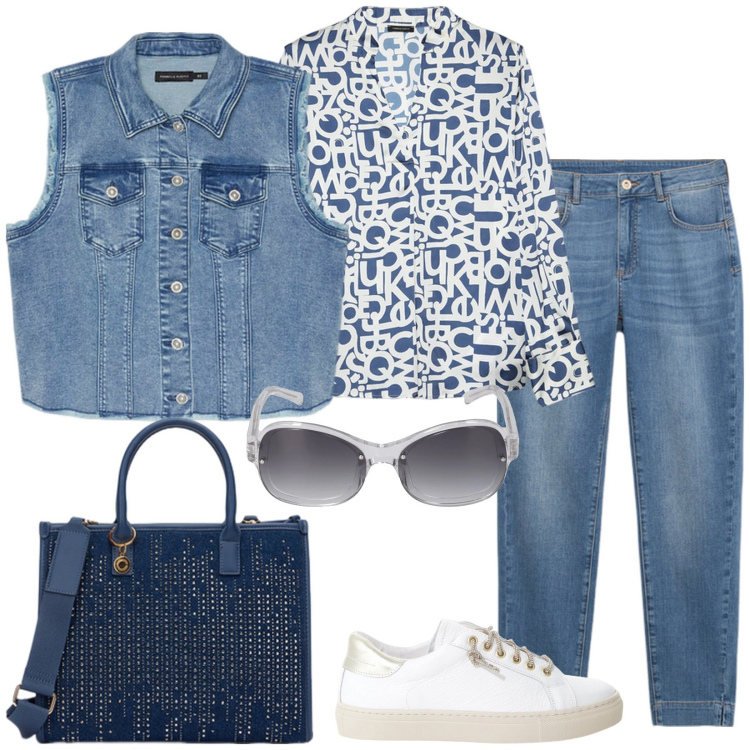 Outfit donna - Il gilet in denim. Stile Casual per Tutti i giorni. Abbinamento con sneakers, gilet, jeans skinny, bluse, borse a mano, occhiali da sole.