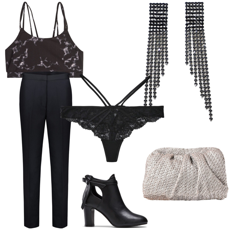 Outfit donna - La febbre del sabato sera. Stile Trendy per Serata fuori. Abbinamento con stivaletti, perizomi, canottiere, clutch, orecchini, pantaloni.