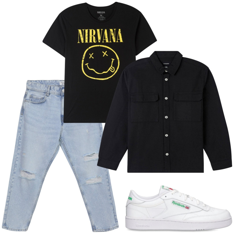 Outfit uomo - Total look #2105981. Stile Trendy per Tutti i giorni. Abbinamento con cappotti, t-shirt, jeans strappati, sneakers.