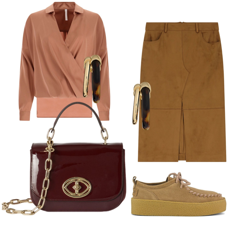 Outfit donna - Città. Stile Urban per Ufficio. Abbinamento con bluse, gonne longuette, orecchini, borse a tracolla, mocassini.