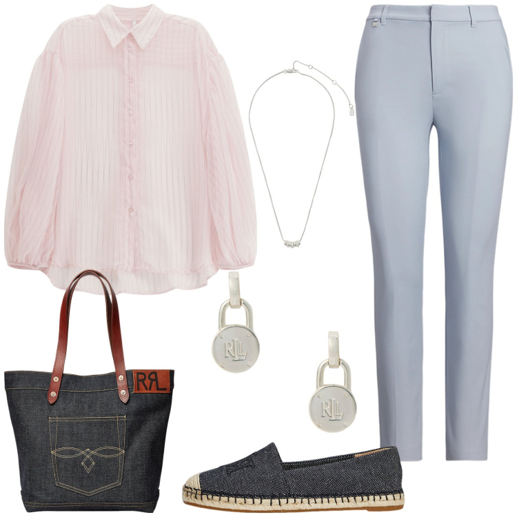 Outfit donna - Outfit per il lavoro. Stile Casual per Tutti i giorni. Abbinamento con camicie, borse tote, orecchini, collane, pantaloni, espadrillas.