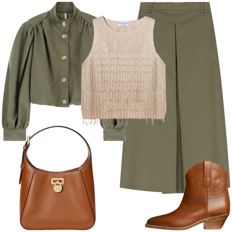 Outfit donna - Completo verde militare. Stile Casual per Tutti i giorni. Abbinamento con gonne lunghe, blazer, stivaletti, borse a tracolla, top.