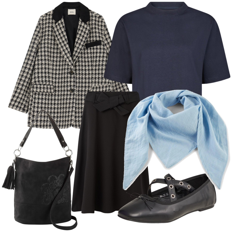Outfit donna - Il foulard azzurro. Stile Urban per Tutti i giorni. Abbinamento con borse a mano, foulard, ballerine, gonne lunghe, blazer, t-shirt.