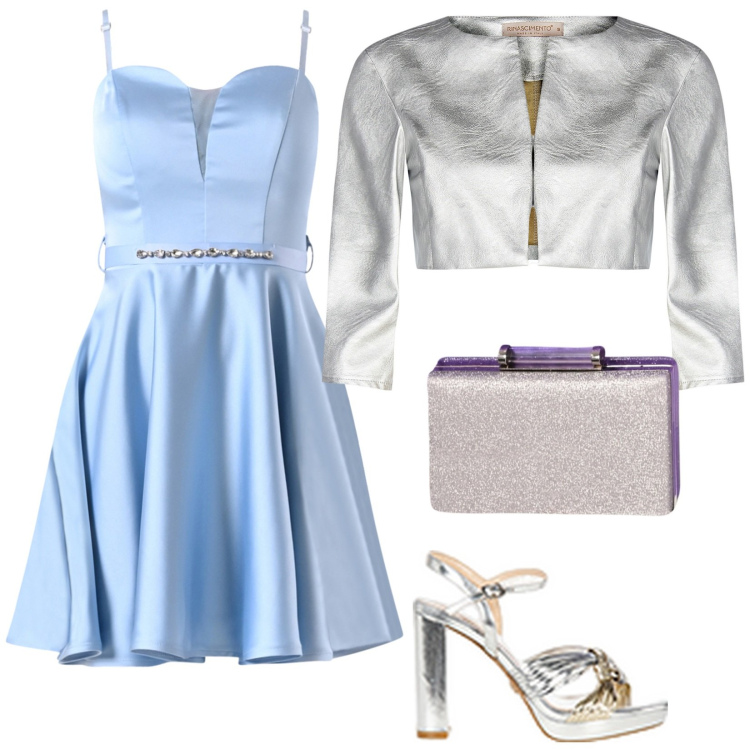 Outfit donna - Elegante in corto. Stile Chic per Cerimonia. Abbinamento con bolero, sandali in pelle, pochette, vestiti corti.
