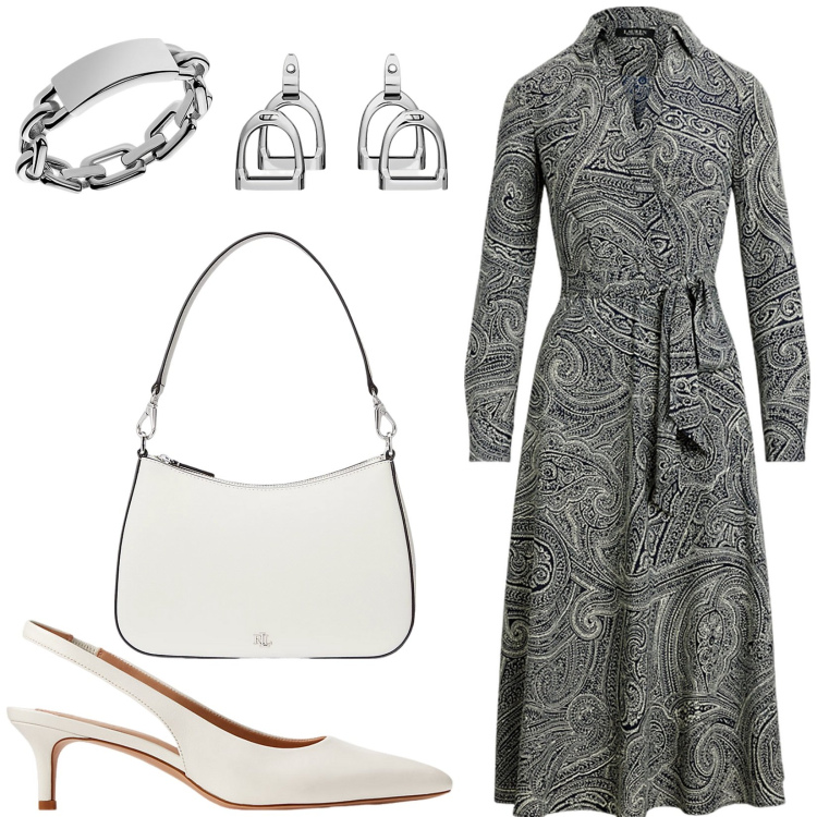 Outfit donna - Abito fantasia paisley. Stile Casual chic per Tutti i giorni. Abbinamento con orecchini, anelli, décolleté, vestiti, borse a spalla.