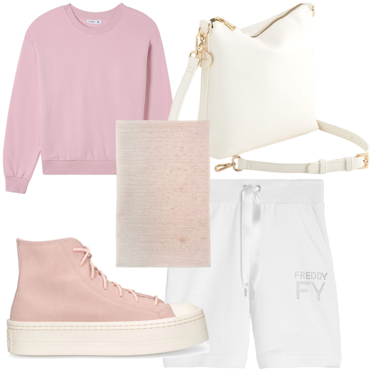Outfit donna - Total look. Stile Casual chic per Tutti i giorni. Abbinamento con felpe, pantaloni corti, sneakers, borse a tracolla, stole.