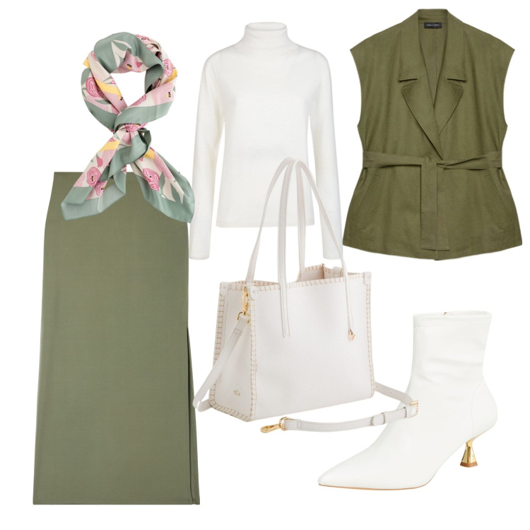 Outfit donna - Verde e bianco autunnale. Stile Casual chic per Ufficio. Abbinamento con gonne lunghe, stivaletti, maglieria, blazer, borse a mano, foulard.
