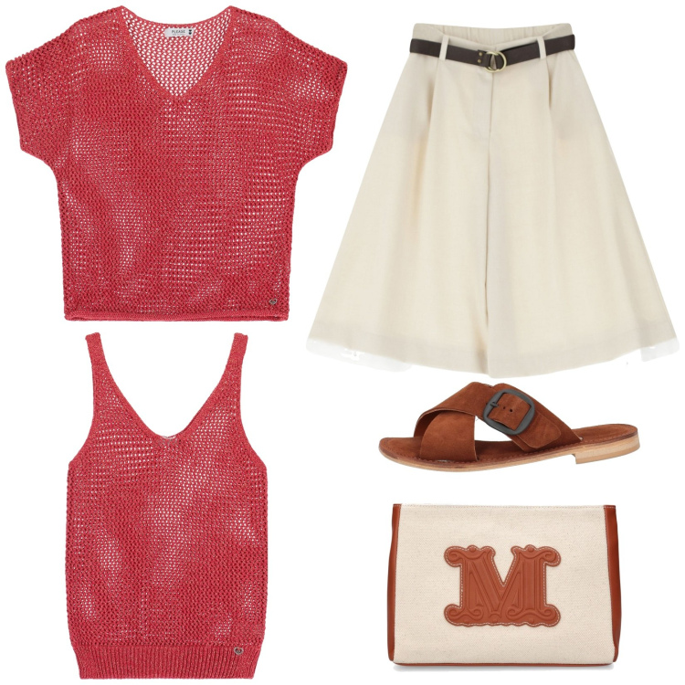 Outfit donna - Twin set e bermuda. Stile Casual per Tutti i giorni. Abbinamento con sandali in pelle, maglieria, canottiere, pantaloni corti, pochette.