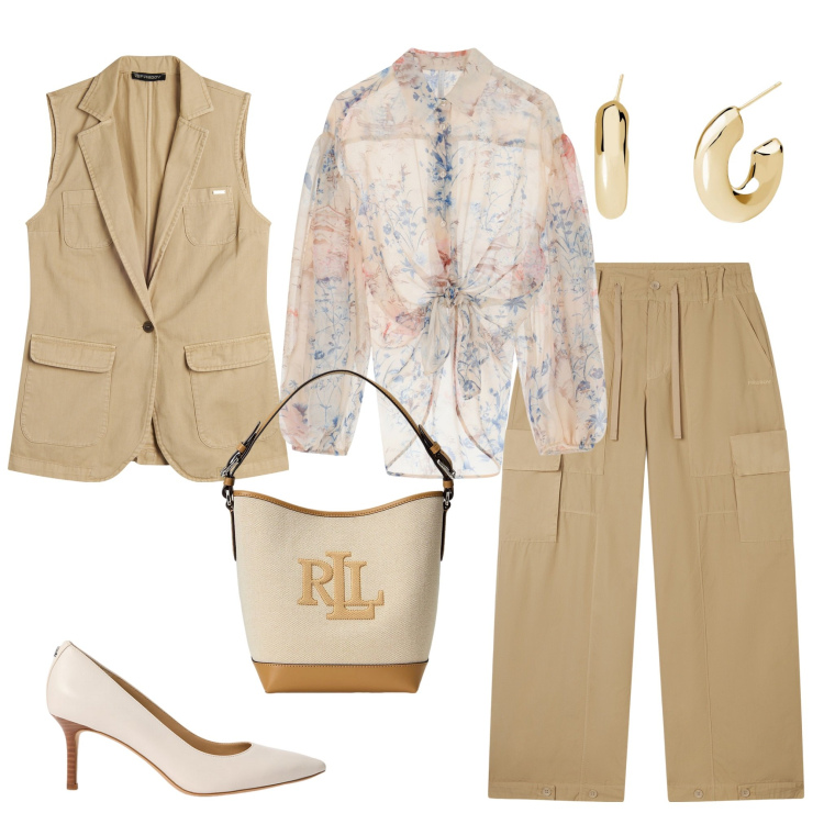 Outfit donna - Seducente raffinatezza. Stile Glamour per Serata fuori. Abbinamento con orecchini, camicie, pantaloni cargo, gilet, décolleté, borse a secchiello.