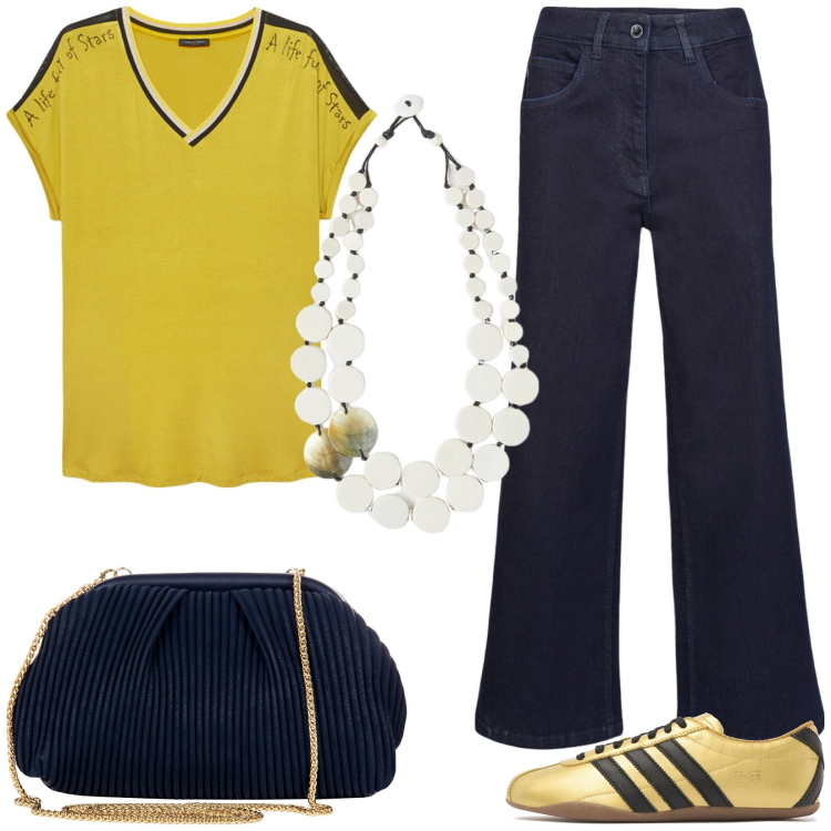 Outfit donna - Chic in jeans. Stile Casual chic per Tutti i giorni. Abbinamento con pochette, t-shirt, pantaloni, sneakers, ciondoli.