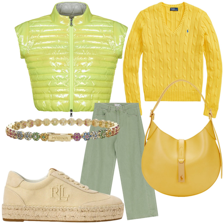 Outfit donna - Total look. Stile Casual chic per Tutti i giorni. Abbinamento con braccialetti, pantaloni a palazzo, blazer, sneakers, maglieria, borse a spalla.