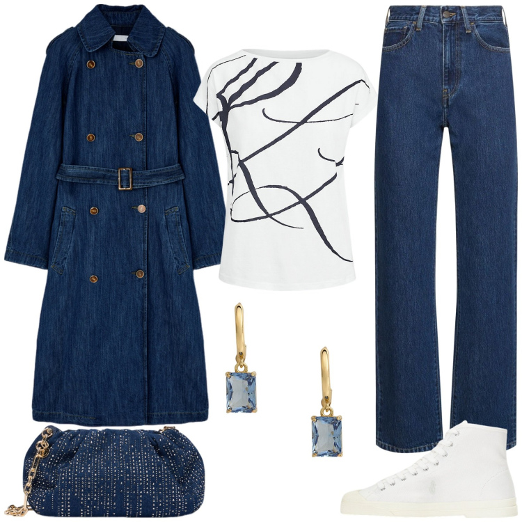 Outfit donna - Trench trendy. Stile Casual per Tutti i giorni. Abbinamento con maglieria, sneakers alte, orecchini, jeans dritti, clutch, trench.