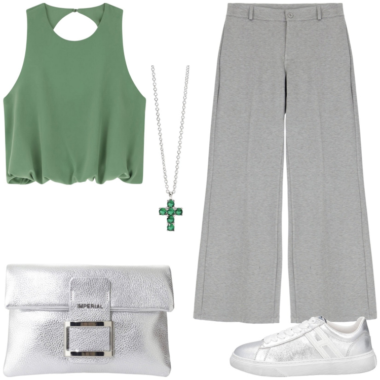 Outfit donna - Pantaloni palazzo. Stile Casual per Tutti i giorni. Abbinamento con sneakers, ciondoli, pantaloni a palazzo, top, pochette.