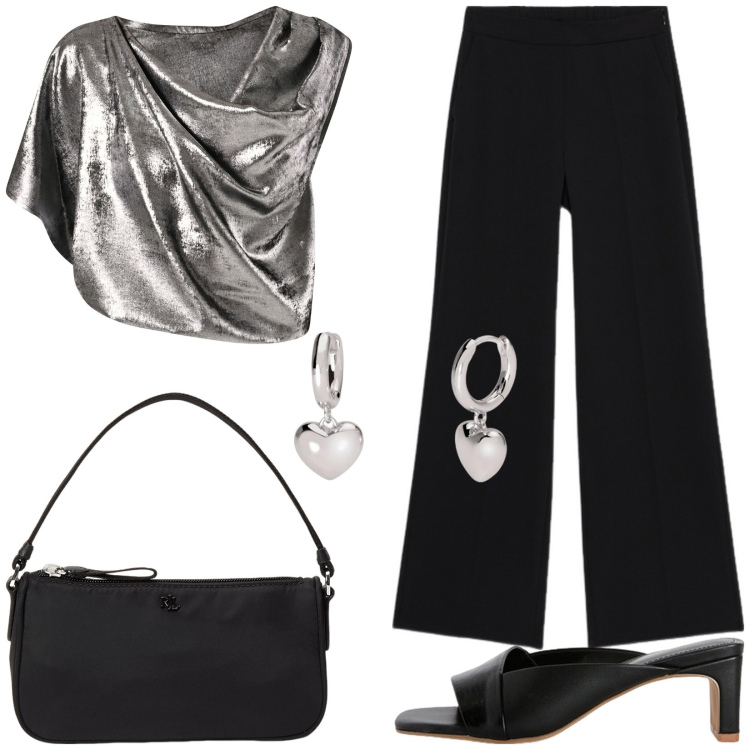 Outfit donna - Serata glamour. Stile Glamour per Serata fuori. Abbinamento con orecchini, bluse, pochette, pantaloni a palazzo, sabot.