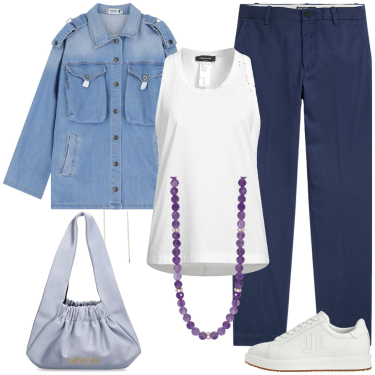 Outfit donna - Sfumature di glicine. Stile Casual chic per Tutti i giorni. Abbinamento con top, collane, blazer, pantaloni chino, sneakers, borse a spalla.