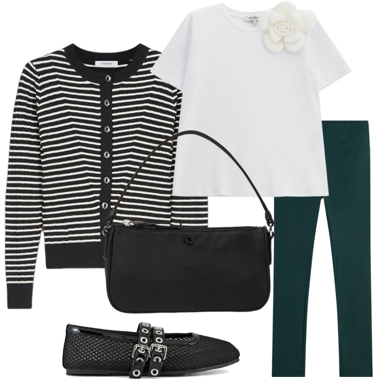 Outfit donna - Viva le righe!. Stile Casual per Tutti i giorni. Abbinamento con t-shirt, leggings, pochette, ballerine, cardigans.
