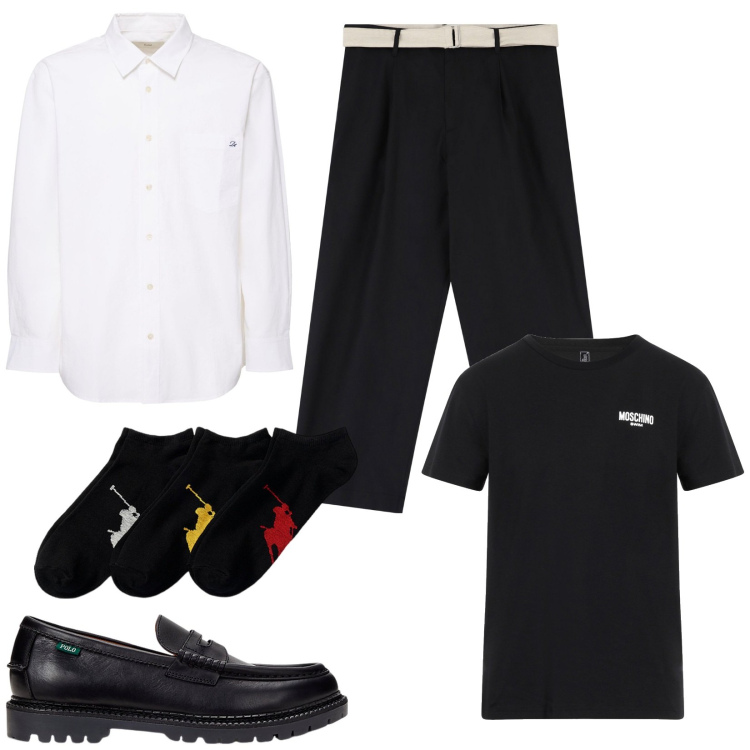 Outfit uomo - Camicia oversize. Stile Trendy per Serata speciale. Abbinamento con t-shirt, pantaloni, calzini, scarpe stringate, camicie.