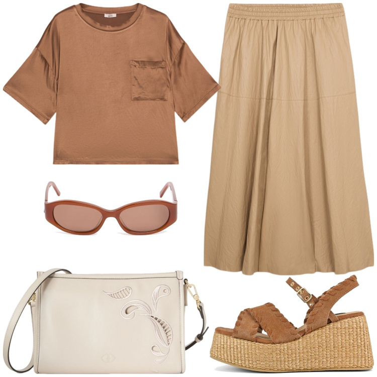 Outfit donna - Completo Oltre. Stile Casual per Tutti i giorni. Abbinamento con zeppe, occhiali da sole, borse a tracolla, gonne longuette, bluse.