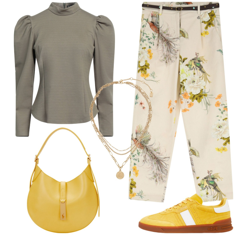 Outfit donna - Total look da giorno. Stile Casual chic per Tutti i giorni. Abbinamento con top, pantaloni chino, ciondoli, sneakers, borse a spalla.