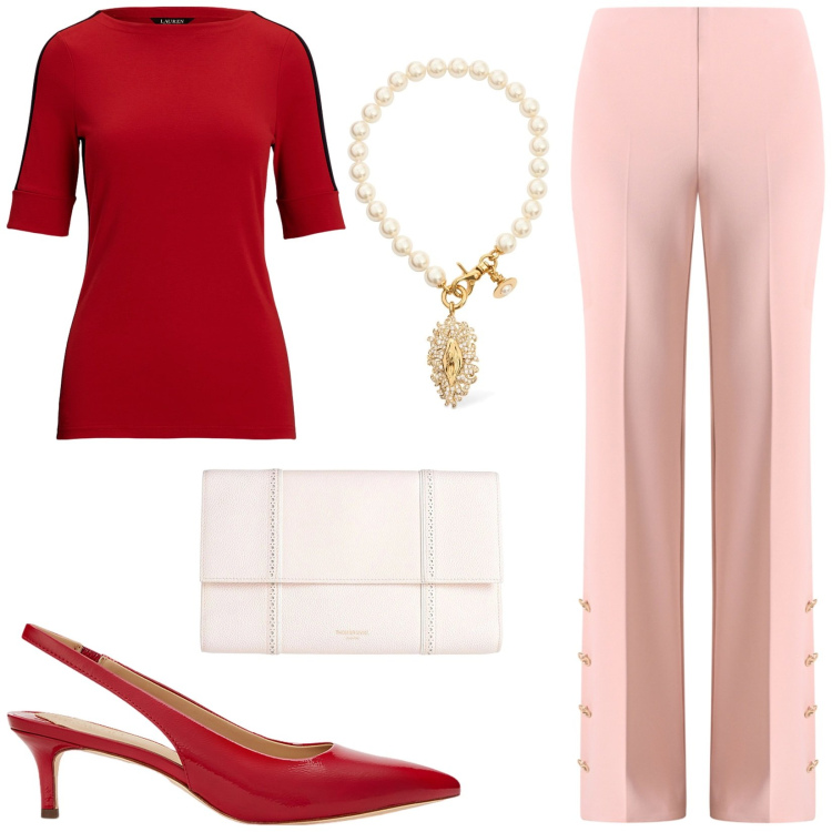 Outfit donna - Red and Pink. Stile Casual chic per Tutti i giorni. Abbinamento con borse a mano, pantaloni a palazzo, t-shirt, décolleté, collane.