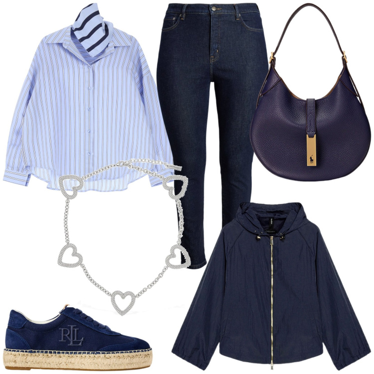 Outfit donna - Viva le righe. Stile Casual chic per Ufficio. Abbinamento con camicie, jeans skinny, borse a spalla, sneakers, parka, collane.