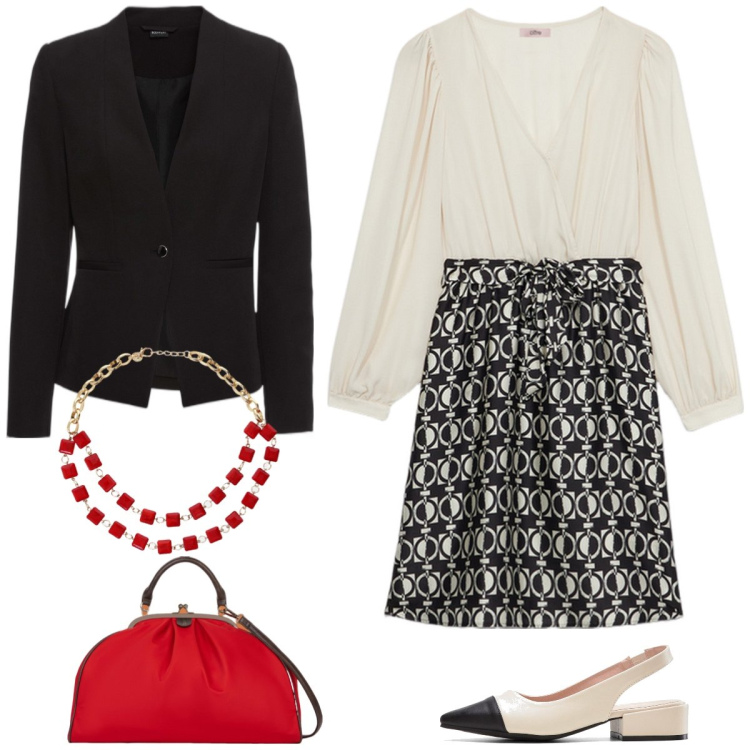 Outfit donna - Pranzo elegante. Stile Chic per Tutti i giorni. Abbinamento con décolleté, blazer, collane, vestiti, borse a spalla.