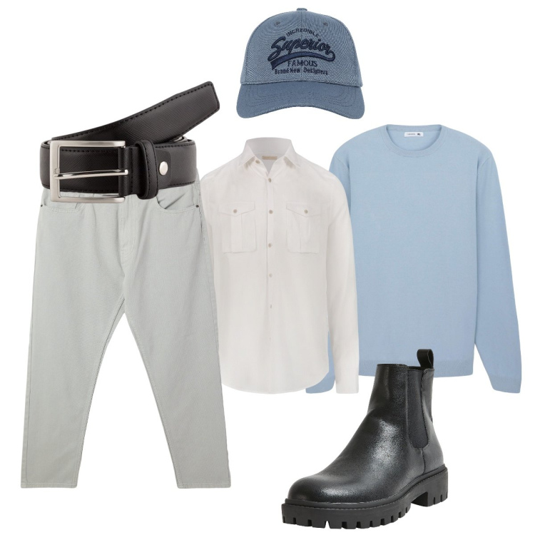 Outfit uomo - Tinte tenui. Stile Casual per Tutti i giorni. Abbinamento con pantaloni, cappelli con visiera, stivali e stivaletti, maglieria, camicie, cinture.