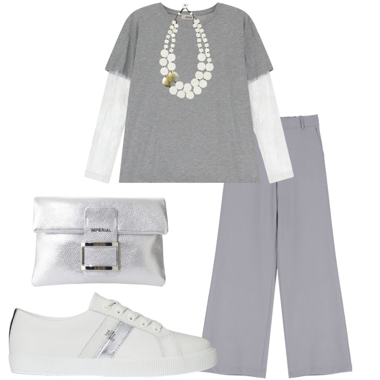Outfit donna - Sporty chic. Stile Casual chic per Serata fuori. Abbinamento con pochette, sneakers, pantaloni a palazzo, t-shirt, ciondoli.