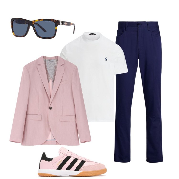 Outfit uomo - Sneakers rosa per la Cerimonia informale. Stile Trendy per Cerimonia. Abbinamento con giacche, maglieria, pantaloni, occhiali da sole, sneakers.