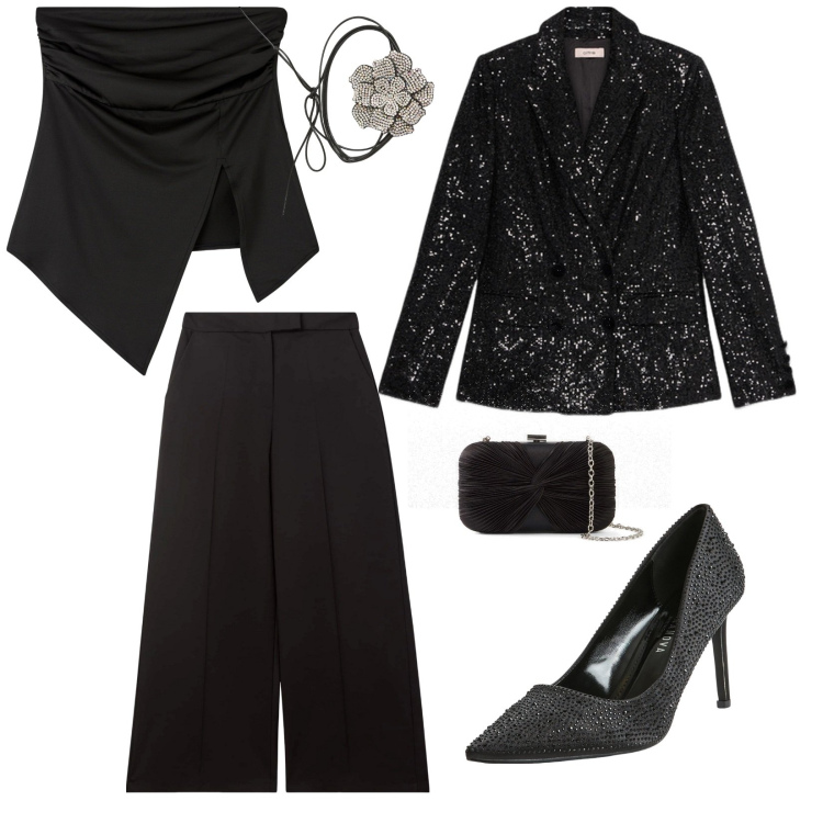 Outfit donna - Cena importante. per Serata fuori. Abbinamento con pochette, top, décolleté, collane, pantaloni a palazzo, blazer.