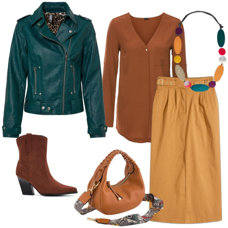 Outfit donna - In città. Stile Casual per Tutti i giorni. Abbinamento con camicie, blazer, gonne lunghe, stivaletti texani, collane, borse a tracolla.