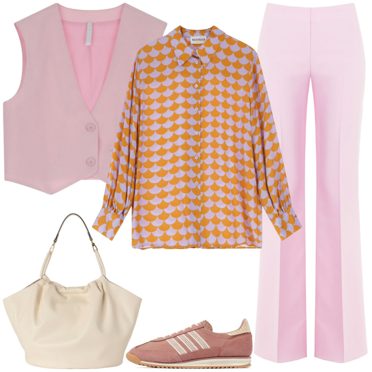 Outfit donna - Camicia fantasy. Stile Casual chic per Tutti i giorni. Abbinamento con pantaloni a palazzo, gilet, camicie, sneakers, borse a secchiello.