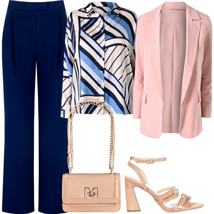 Outfit donna - Battesimo del nipotino. Stile Chic per Cerimonia. Abbinamento con pantaloni, camicie, sandali col tacco, blazer, borse a tracolla.