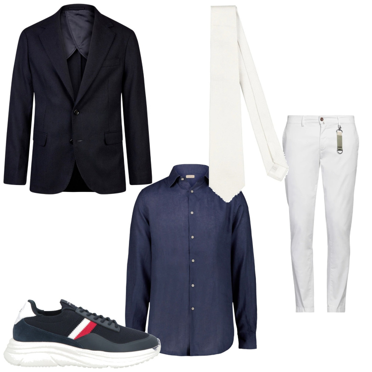 Outfit uomo - Bianco e blu. Stile Business/Elegante per Serata speciale. Abbinamento con sneakers, cravatte, pantaloni chino, giacche, camicie.