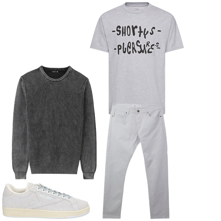 Outfit uomo - Grigio pleasure. Stile Casual per Tutti i giorni. Abbinamento con sneakers, pantaloni skinny, maglieria, t-shirt.