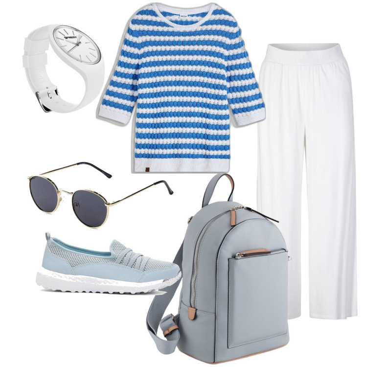 Outfit donna - Tra cielo e mare. Stile Basic per Tutti i giorni. Abbinamento con pantaloni, sneakers, occhiali da sole, maglieria, orologi, zaini.