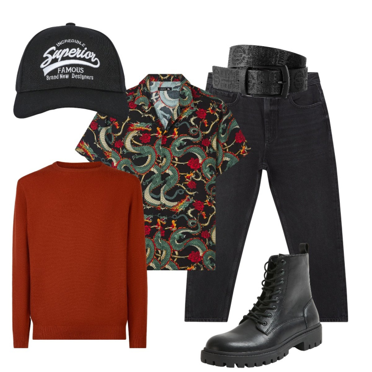 Outfit uomo - Al bar con gli amici. Stile Urban per Tutti i giorni. Abbinamento con cinture, cappelli con visiera, jeans, camicie a manica corta, anfibi, maglieria.